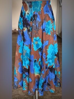 Vintage Floral Blue Brown Maxi Skirt XL 16